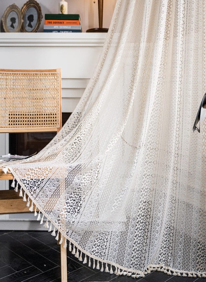 Deeprove ستائر كروشيه دانتيل شفافة من ديبروف، طولها 72 بوصة، ستائر بوهو محبوكة يدويًا مع شرابات مكرمية لغرفة النوم وغرفة المعيشة، ستارة عتيقة الطراز بتصميم شابي شيك، عرض 59 × طول 72 بوصة، لوحة واحدة بلون كريمي - Image 2